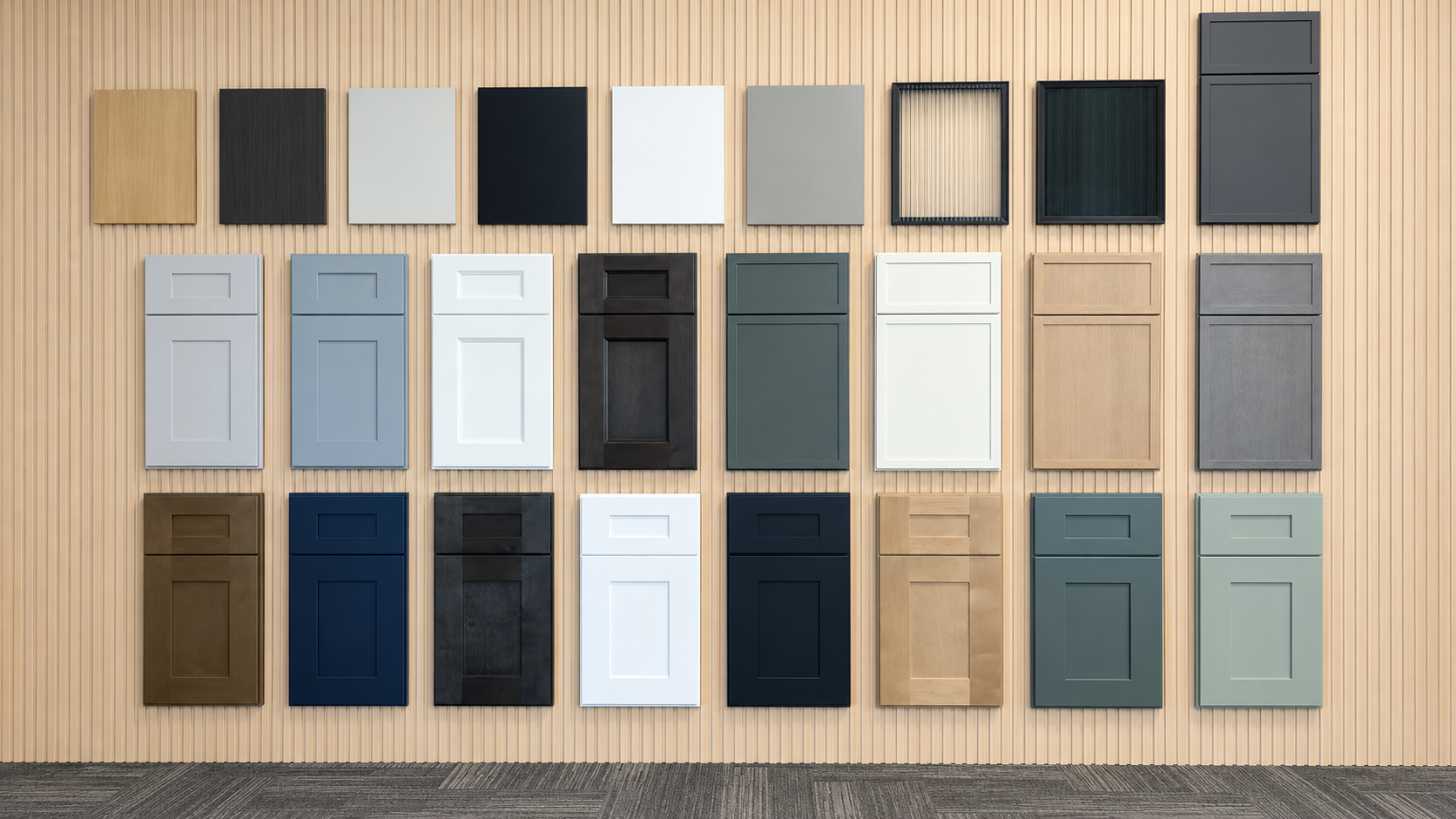 Wall of kitchen cabinet door samples in white, gray, navy, green and wood finishes, in shaker and slab styles
